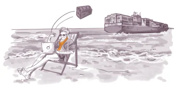 Illustration of a person with sunglasses working on a laptop while sitting in a deck chair at the beach, with a cargo ship in the background, and a container falling into the sea.
