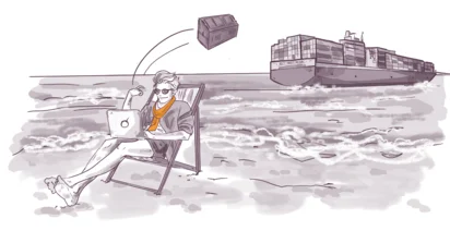 Illustration of a person with sunglasses working on a laptop while sitting in a deck chair at the beach, with a cargo ship in the background, and a container falling into the sea.
