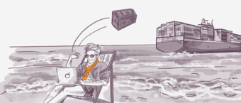 A person sitting on a deck chair working on a laptop by the seaside, a cargo ship in the background, and a container flying out towards them.