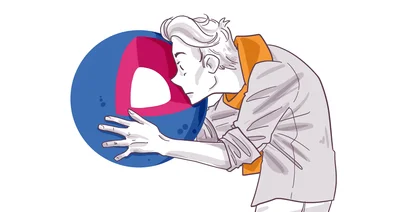 Illustration of a person in a shirt and jacket kissing a stylized graphic bubble in blue and pink colors. The style is flat with a modern, digital art aesthetic.