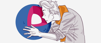 Illustration of a stylized person with a swoop of hair, wearing a modern outfit, leaning in curiously towards a large abstract spherical shape with a pie-chart design.