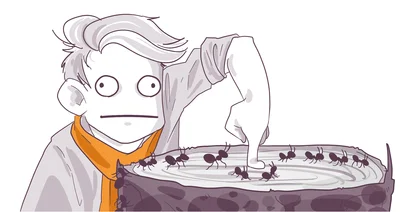 Illustration of a surprised person looking at ants crawling on a stump with their hand stuck in the center.