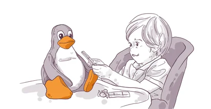 Illustration of a young child playing with a toy gun alongside an animated penguin, with a candy wrapper on the table, in a monochrome sketch style.
