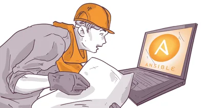 Illustration of a person in a cap and vest attentively looking at a laptop screen with the Ansible logo, while holding a document or manual.