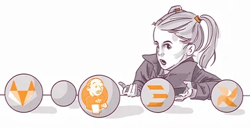 Illustration of a young girl lying on her stomach playing with a row of stylized circles that resemble cryptocurrency logos.