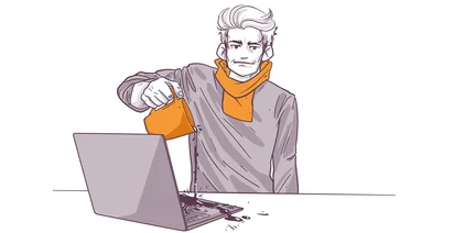 Illustration of a frustrated man accidentally pouring coffee onto a laptop, with visible splashes on the keyboard and his expression of dismay.