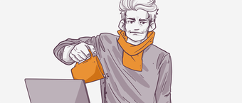Illustration of a person with a concerned expression looking at a wristwatch, with a laptop in front of them, suggesting impatience or time management.