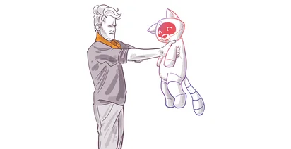 A sketch of an animated character with a stern expression holding out a hand to stop a surprised looking cartoon fox wearing a superhero mask and cape.