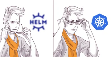 Illustration of a person in two panels, first looking confused and holding glasses with the Helm logo, second adjusting glasses with a confident expression beside the Kubernetes logo.