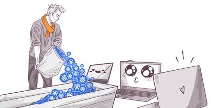 Illustration of a person pouring blue tokens with Kubernetes logos from a bag into an open, cartoonish laptop, while another laptop with heart eyes emoji looks on eagerly.