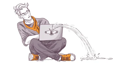 Illustration of a perplexed person sitting cross-legged with a laptop, from which a large arc of water is gushing out onto the floor.