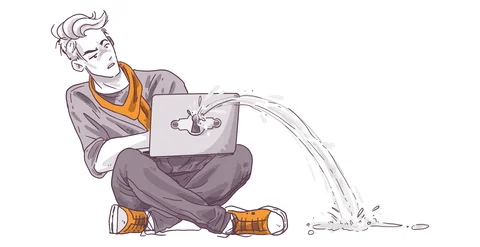 Illustration of a perplexed person sitting cross-legged with a laptop, from which a large arc of water is gushing out onto the floor.