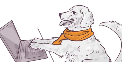 Illustration of a happy dog with a scarf around its neck using a laptop.