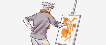 An illustration of an artist from behind, painting on a canvas with strokes of orange paint, wearing a grey shirt with paint smudges, and a yellow scarf.