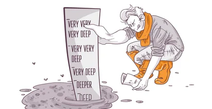 Illustration of a person looking at a deep hole with a signboard indicating various depths from 'deep' to 'very very very deep.' The person appears contemplative or perplexed.