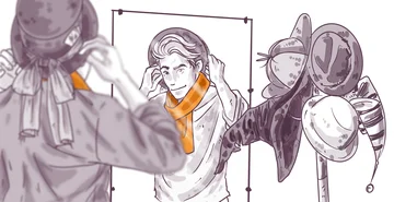 Illustration of an astronaut adjusting their helmet, a person fixing their hair in front of a mirror, and a collection of space suits hanging on a rack.