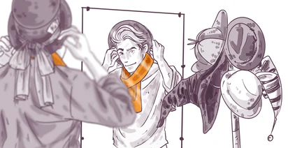Illustration of an astronaut adjusting their helmet, a person fixing their hair in front of a mirror, and a collection of space suits hanging on a rack.