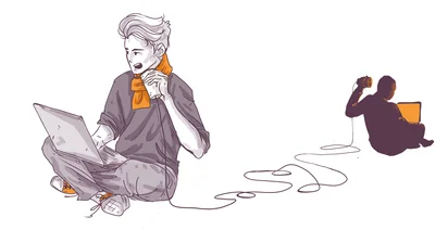 Illustration of two people using laptops; one seated cross-legged with a scarf, the other sitting with knees up, holding a camera. Monochrome with orange accents.