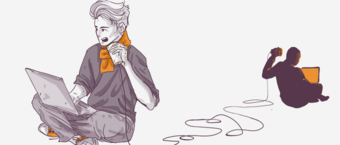 Illustration of two people working on laptops, one sitting cross-legged with an orange scarf, looking surprised, and the other sitting with back turned, holding a mug.