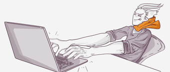 Illustration of a person with a stylized appearance typing on a laptop, featuring exaggerated hand motion and a casual posture, with a flowing scarf.