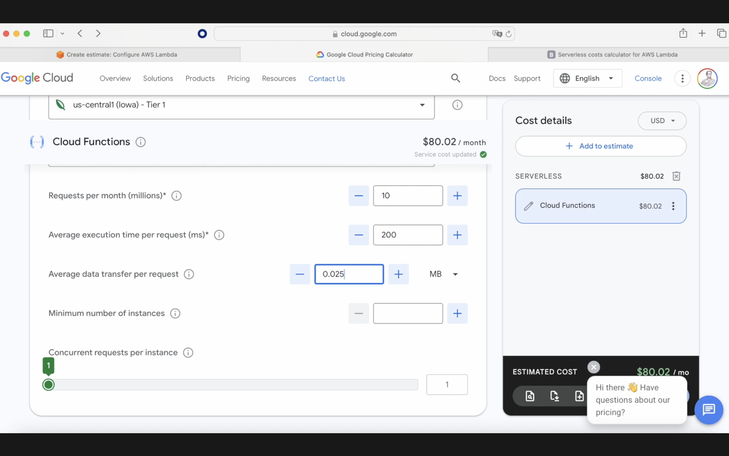 Screenshot of Google Cloud Pricing Calculator webpage showing input fields for Cloud Functions cost estimation, with a total estimated cost displayed as $80.02 per month.