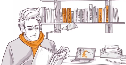 Illustration of a person reading a book labeled "dry-system" at a desk with a laptop showing "Rails" on the screen, next to a shelf with books named after programming libraries.