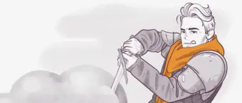Illustration of a person in medieval clothing with a determined expression wielding a sword, clouds in the background, monochromatic color scheme.