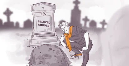 Illustration of a smiling person posing with a peace sign next to a tombstone labeled 'BELOVED GOOGLE,' in a grayscale cemetery setting.