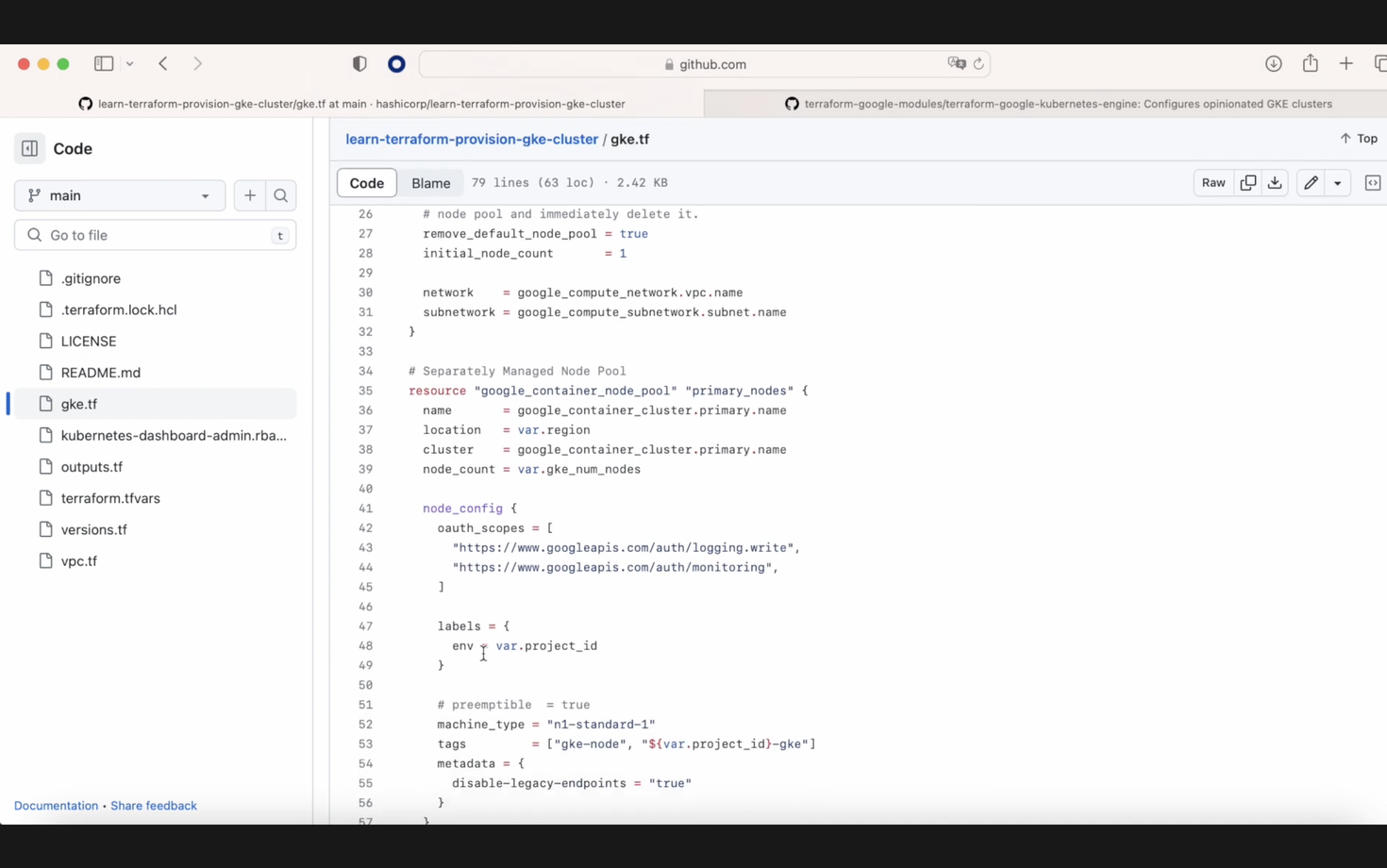 Screenshot of a GitHub repository displaying Terraform code for provisioning a Google Kubernetes Engine (GKE) cluster from the file 'gke.tf'.