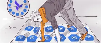 Illustration of an elderly woman bending over to pick up a smartphone on a patterned rug, with a clock on the wall indicating nine o'clock.