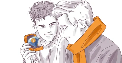Illustration of two people, one holding a trophy with a stylized 'F' on it, both looking at it with interest. They appear content and are dressed casually, one wearing a hooded jacket.