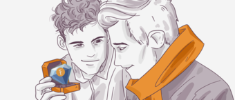 Illustration of two young men, one holding a trophy with a social media symbol, both looking at it with expressions of contentment and pride.