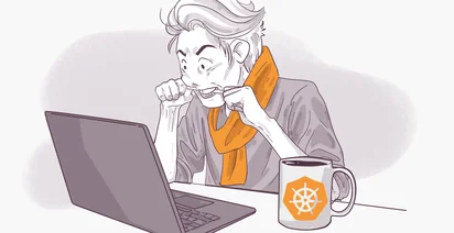 An animated character appearing stressed while biting on a pair of glasses at a desk with a laptop and a coffee mug with a helm symbol on it.
