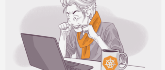 Illustration of a surprised person biting a knitted scarf while looking at a laptop screen, with a mug featuring a helm-like symbol to the side.