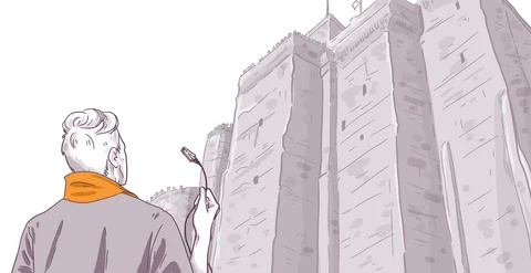 Person with gray hair looking up at a tall, medieval-style stone tower, holding a sketchbook and pen, possibly drawing the architecture, in a monochromatic illustration.