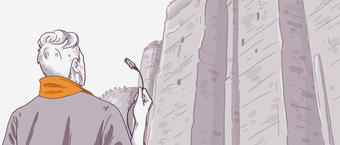Person viewed from behind holding a toothbrush, looking up at a tall rock climbing wall, illustrating a metaphorical concept of preparing for a challenging task.