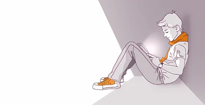 Illustration of a person sitting on the floor, leaning against a wall while reading a tablet. The figure has distinct orange sneakers and a scarf, with a soft purple and white color scheme background.