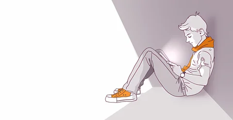 Illustration of a person sitting on the floor, leaning against a wall while reading a tablet. The figure has distinct orange sneakers and a scarf, with a soft purple and white color scheme background.