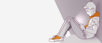 Illustration of a person sitting on the floor against a wall, engrossed in using a smartphone, with a focus on the individual's sneakers.