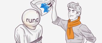 Illustration of a person with a 'runc' space helmet looking at another individual holding up a Docker flag, suggesting a metaphorical relationship between Docker and runc technologies.