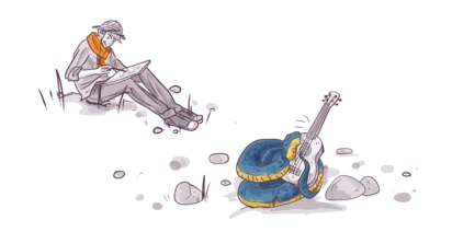 Illustration of a person sitting on a subway platform bench reading a newspaper with a stylized snake coiled around a guitar on the ground nearby.