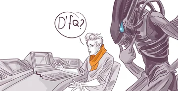 Illustration of a confused man at a computer desk with retro equipment, and an alien creature with a humanoid figure wearing a headset, seemingly in a call center environment; speech bubble with "D'fq?" from the man.