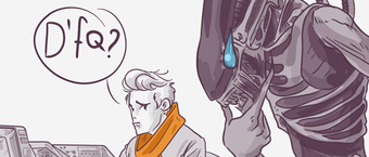 Illustration showing a confused person at a control panel with an alien creature standing behind, speaking with a speech bubble that reads "D'fq?"