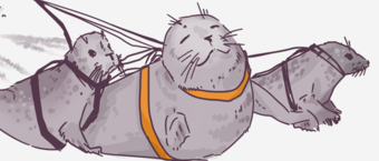 Illustration of three seals with a single rope tied around them as they appear to fly like a kite with a content expression on their faces.