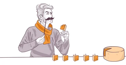 Illustration of a stylish man examining a piece of cheese on a cheese grading line with multiple cheese blocks and a large wheel of cheese.