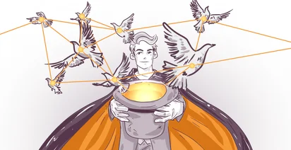 Illustration of a man holding a cauldron with glowing contents, surrounded by flying birds connected by lines, suggesting a network or interconnected system.