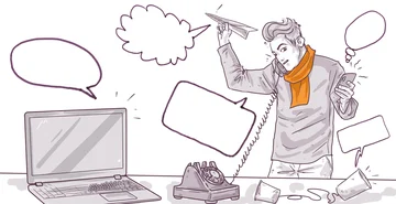 Illustration of a person with a paper airplane, surrounded by various communication devices and empty speech bubbles suggesting a theme of communication or messaging.