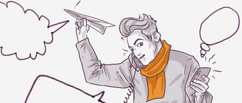 Illustration of a person with a smartphone and paper airplane, wearing a scarf, with thought bubble and speech balloon indicating communication or ideas.