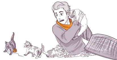 Illustration of a surprised person with several playful kittens around them, one on their shoulder, others with a yarn ball and one escaping an overturned basket.