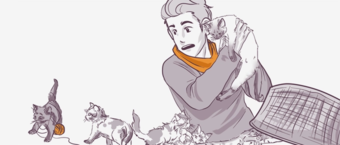Illustration of a smiling person with a scarf holding a kitten with more kittens around, one playing with a ball of yarn.